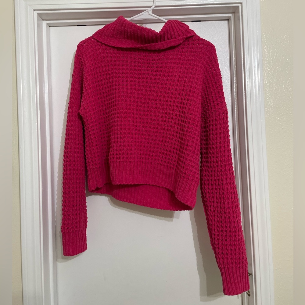 Magenta Crochet Knit Turtle Neck Sweater